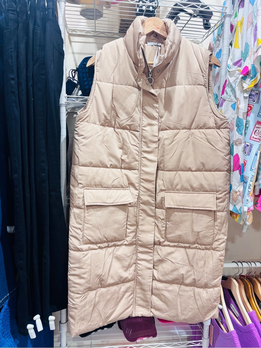 Katydid Long Quilted Puffer Vest in Beige